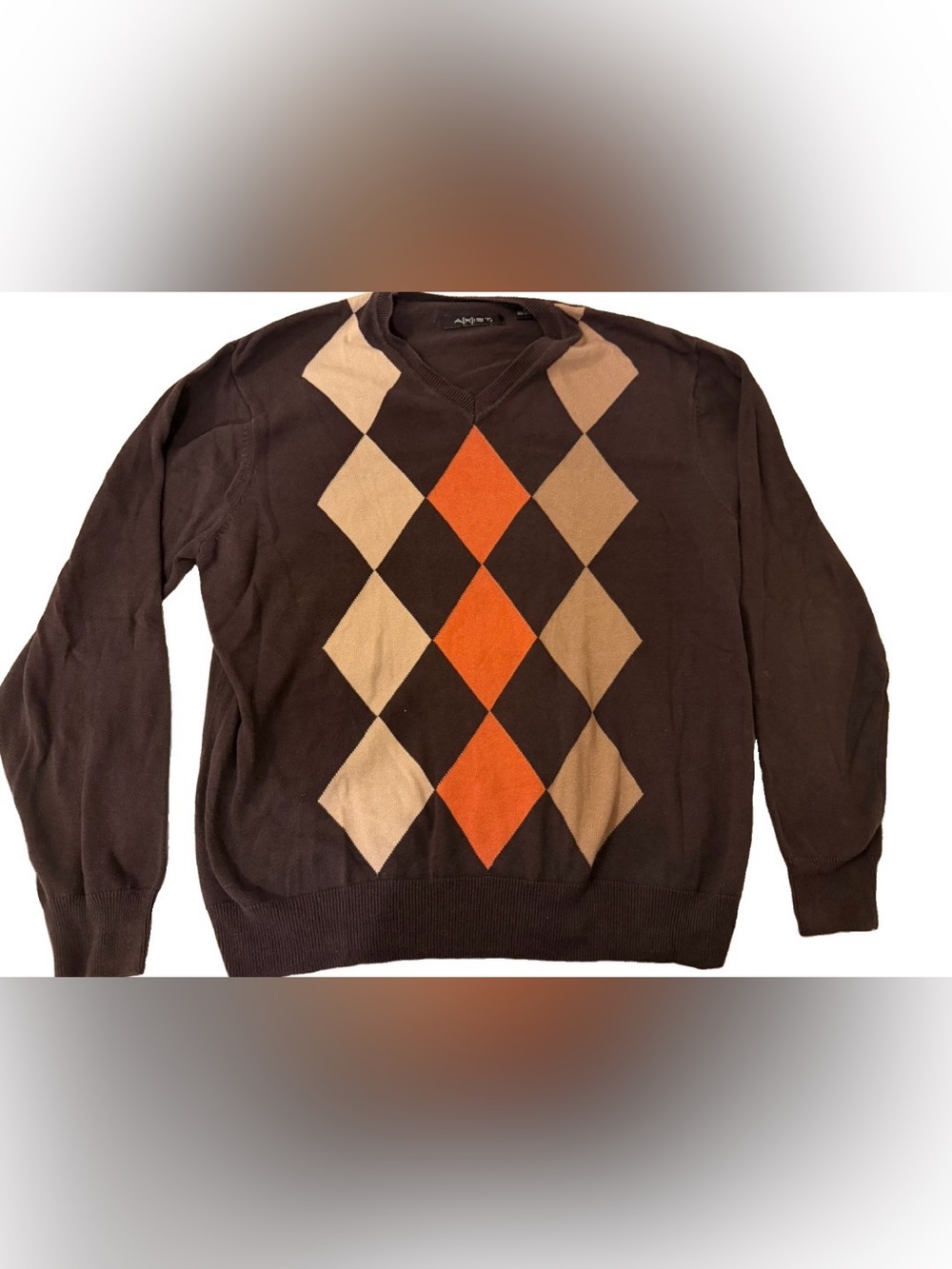 Axist Brown V-Neck Sweater with Orange & Tan Argyle